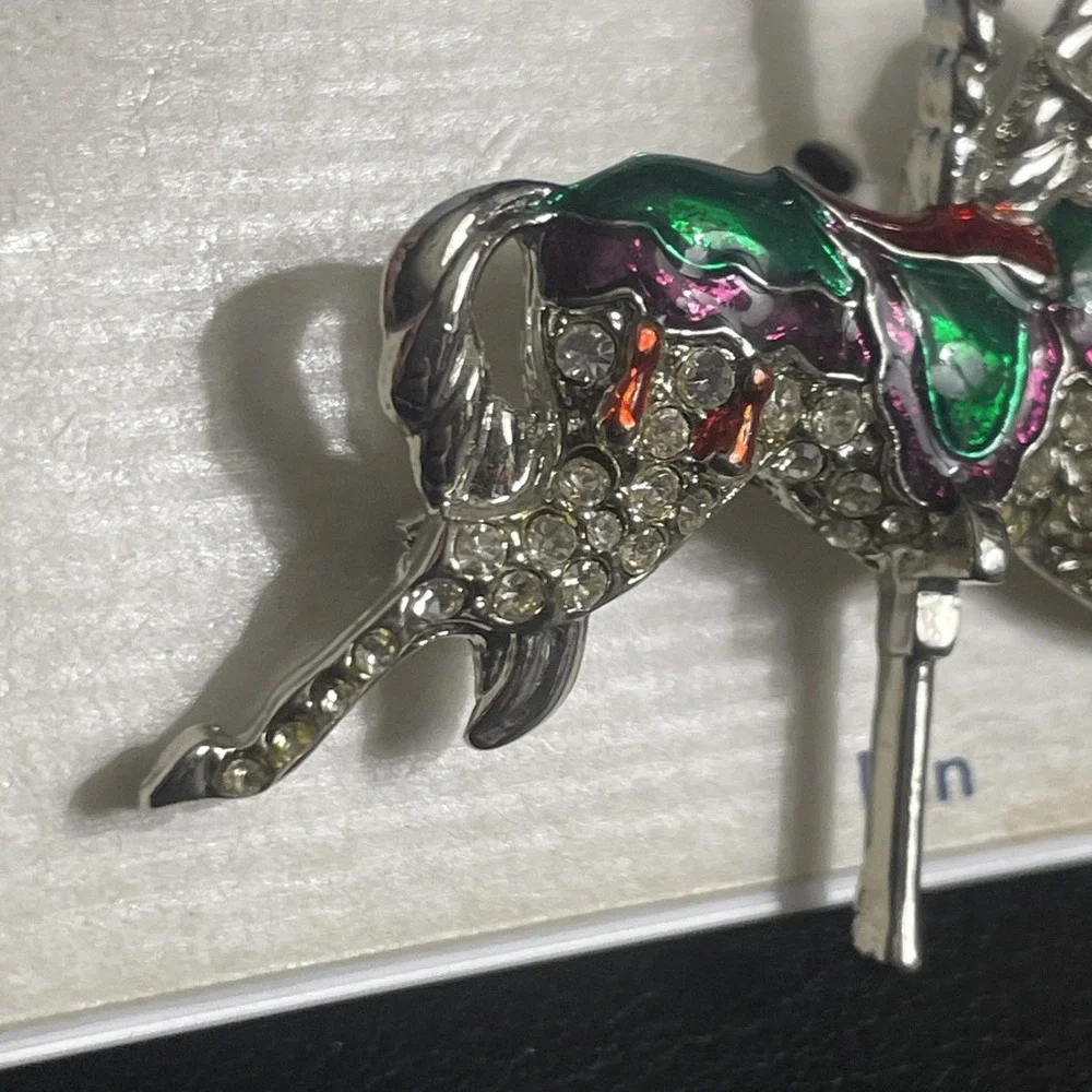 Vintage Carousel‎ Horse Brooch Rhinestone Carnival Festival Enamel Silver Tone